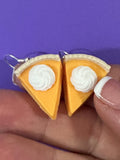 Realistic Pumpkin Pie Slice Earrings with Whipped Cream: Whimsical Foodie Dangle Jewelry
