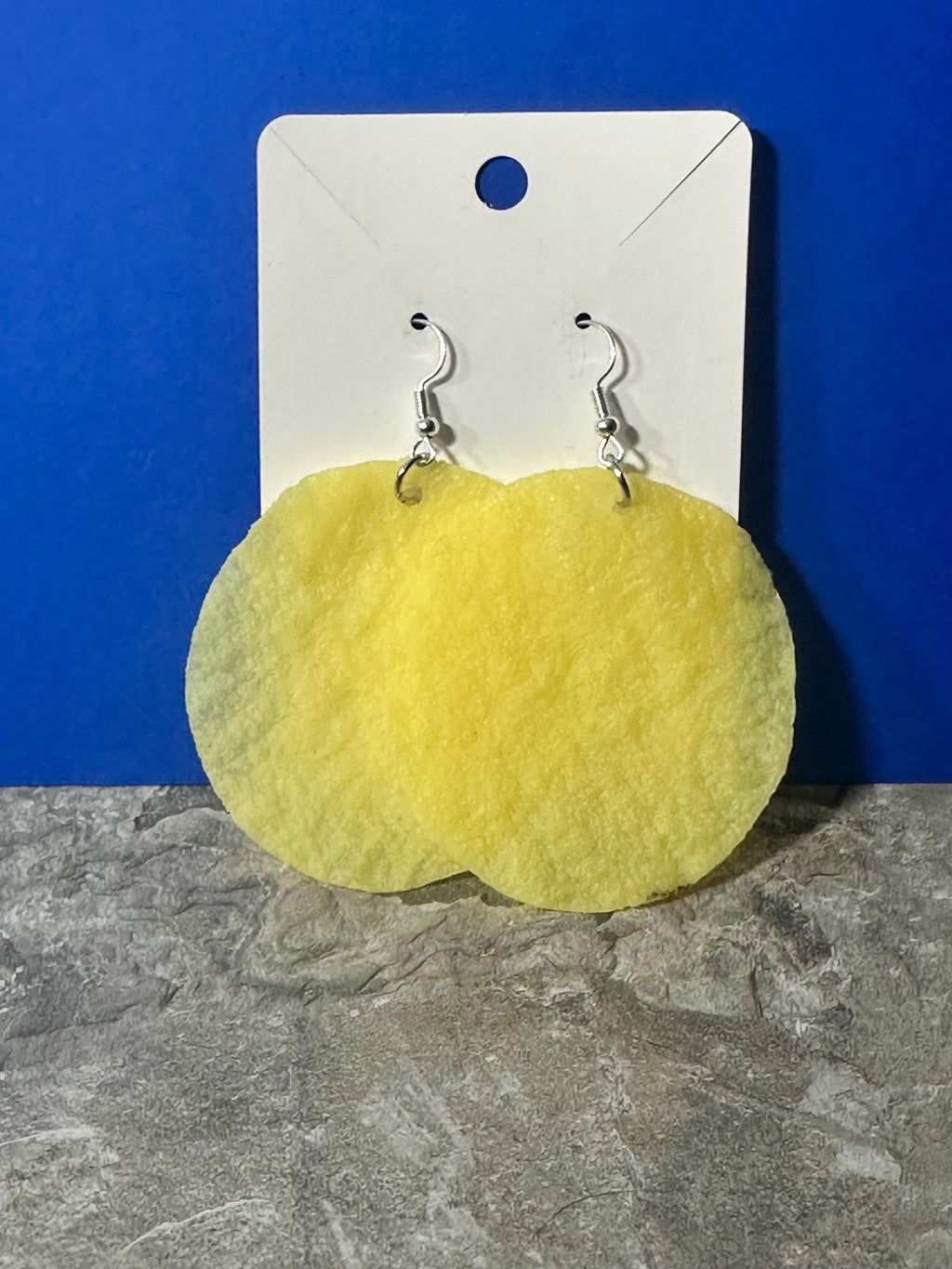 Smooth plain potato chip dangle earrings on silver hooks, earring card