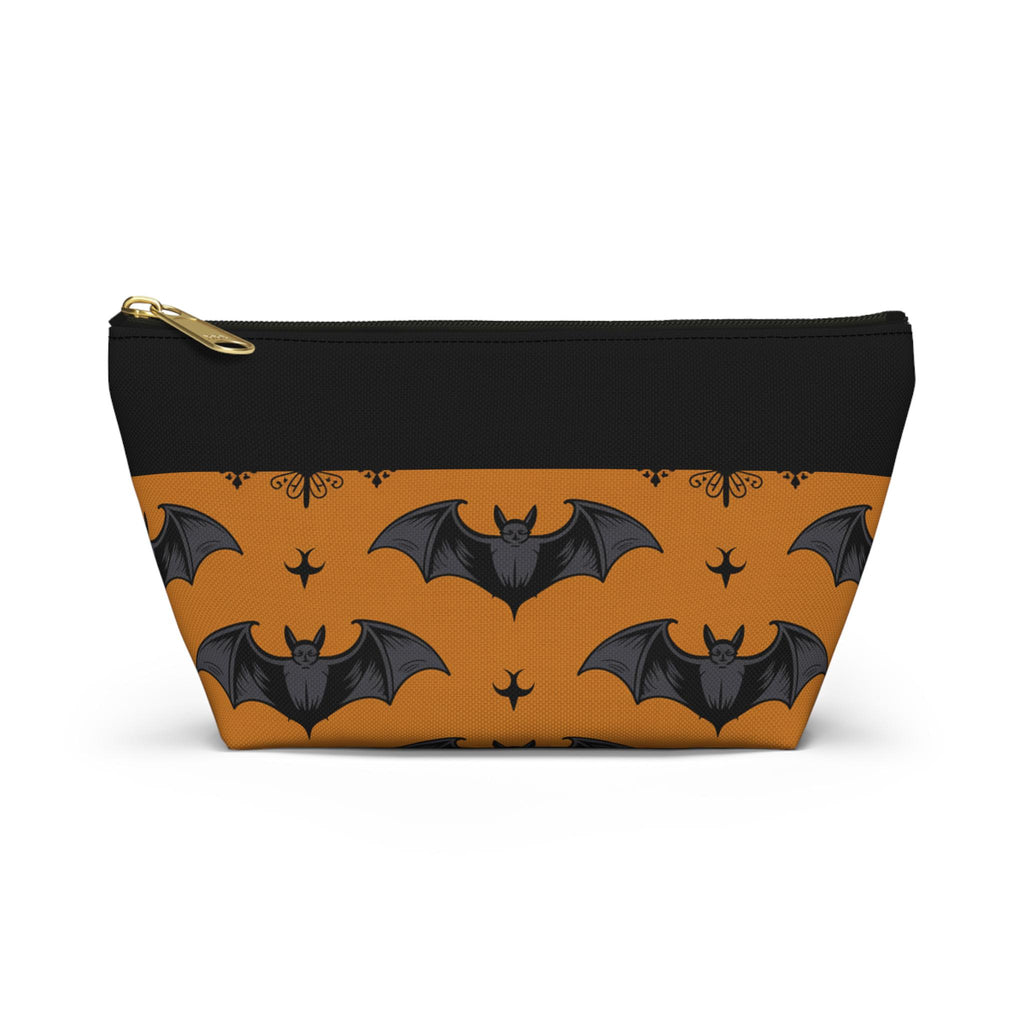 Black and orange bat print zip pouch with gold zipper pull, front view on white