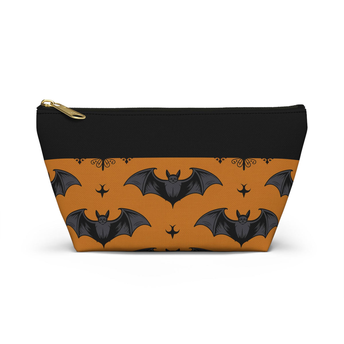 Black and orange bat print zip pouch with gold zipper pull, front view on white