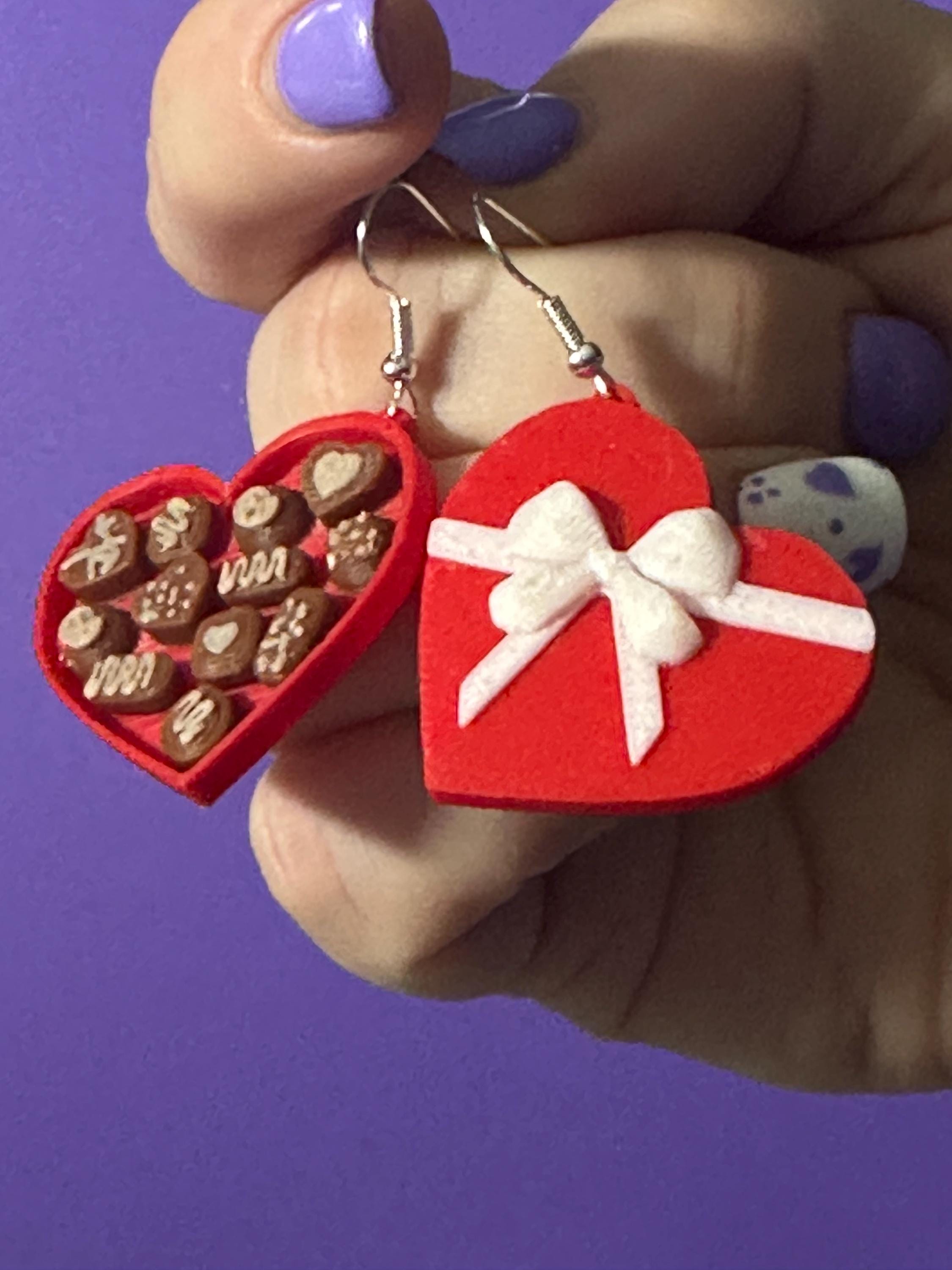 Heart Shaped  box of Chocolate Earrings, Quirky fun candy dangle earrings