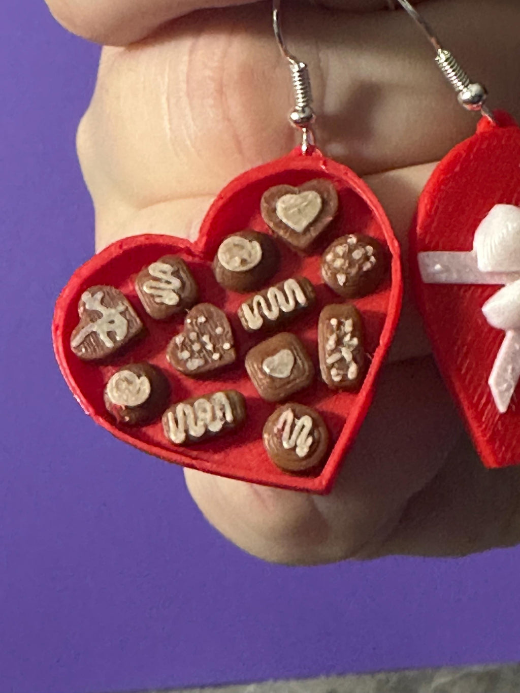 Heart Shaped  box of Chocolate Earrings, Quirky fun candy dangle earrings