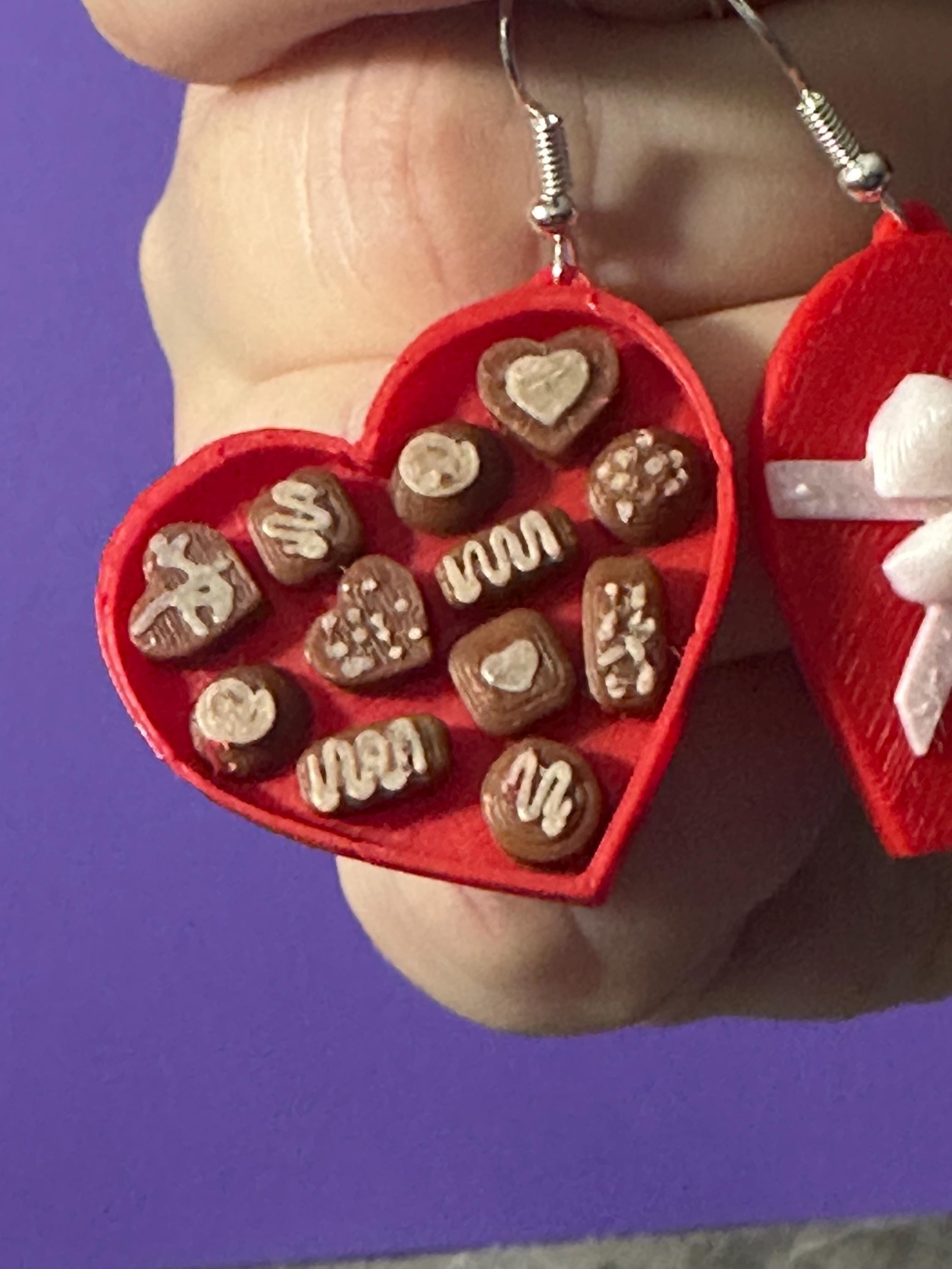 Heart Shaped  box of Chocolate Earrings, Quirky fun candy dangle earrings