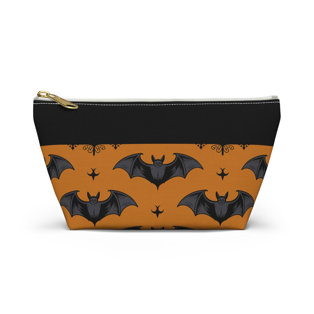 Halloween bat accessory pouch, black top with orange bat pattern panel