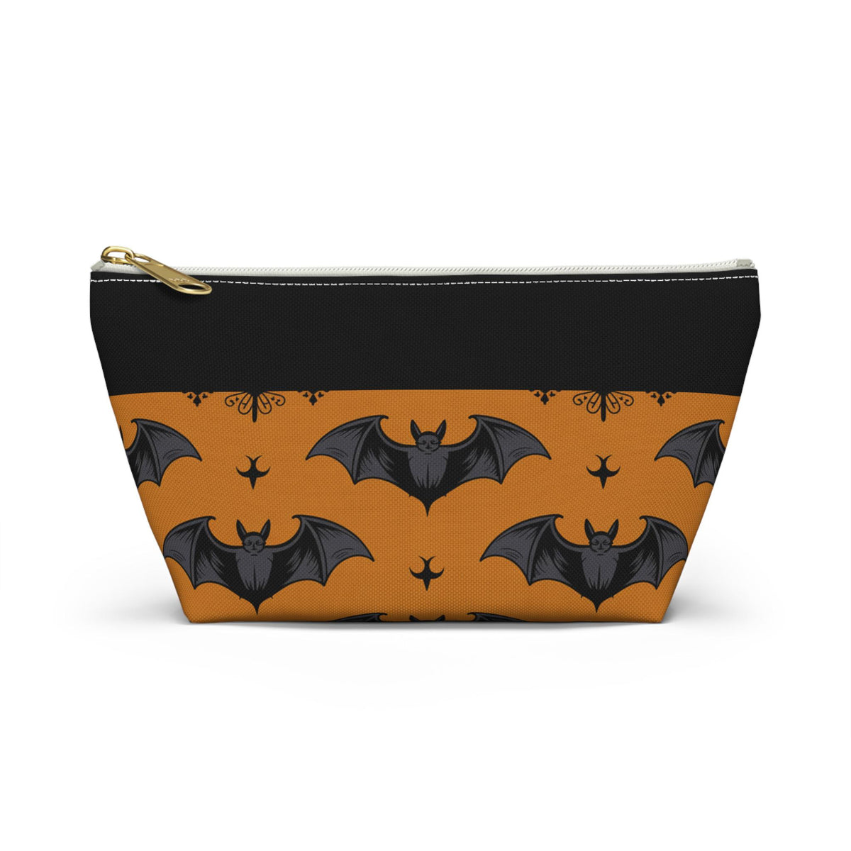 Halloween bat accessory pouch, black top with orange bat pattern panel
