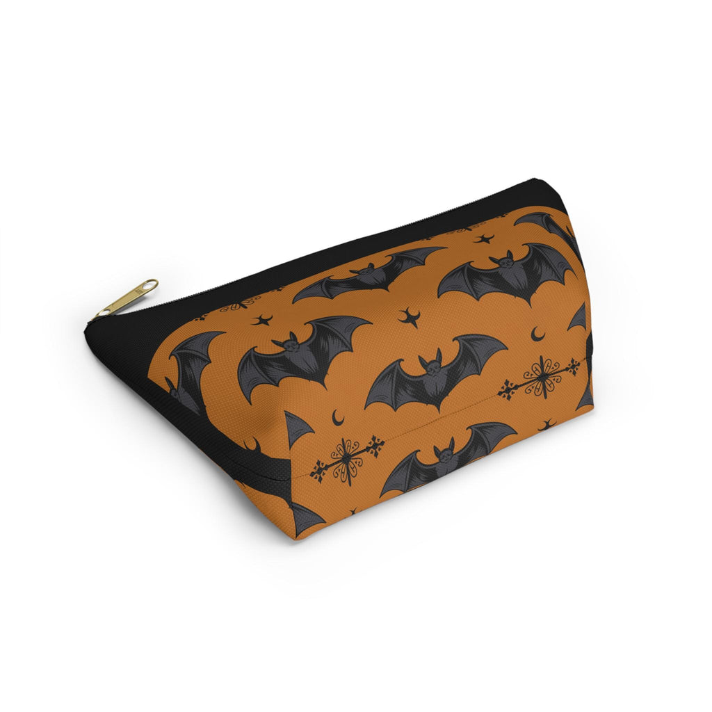 Bat print makeup pouch at an angle showing depth and gold zipper