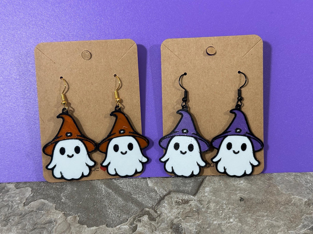 Purple ghost witch hat dangle earrings
