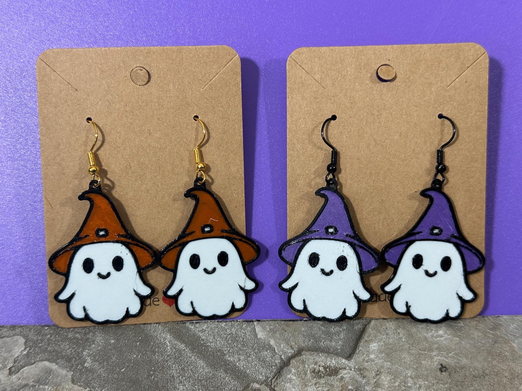 Orange ghost witch hat dangle earrings